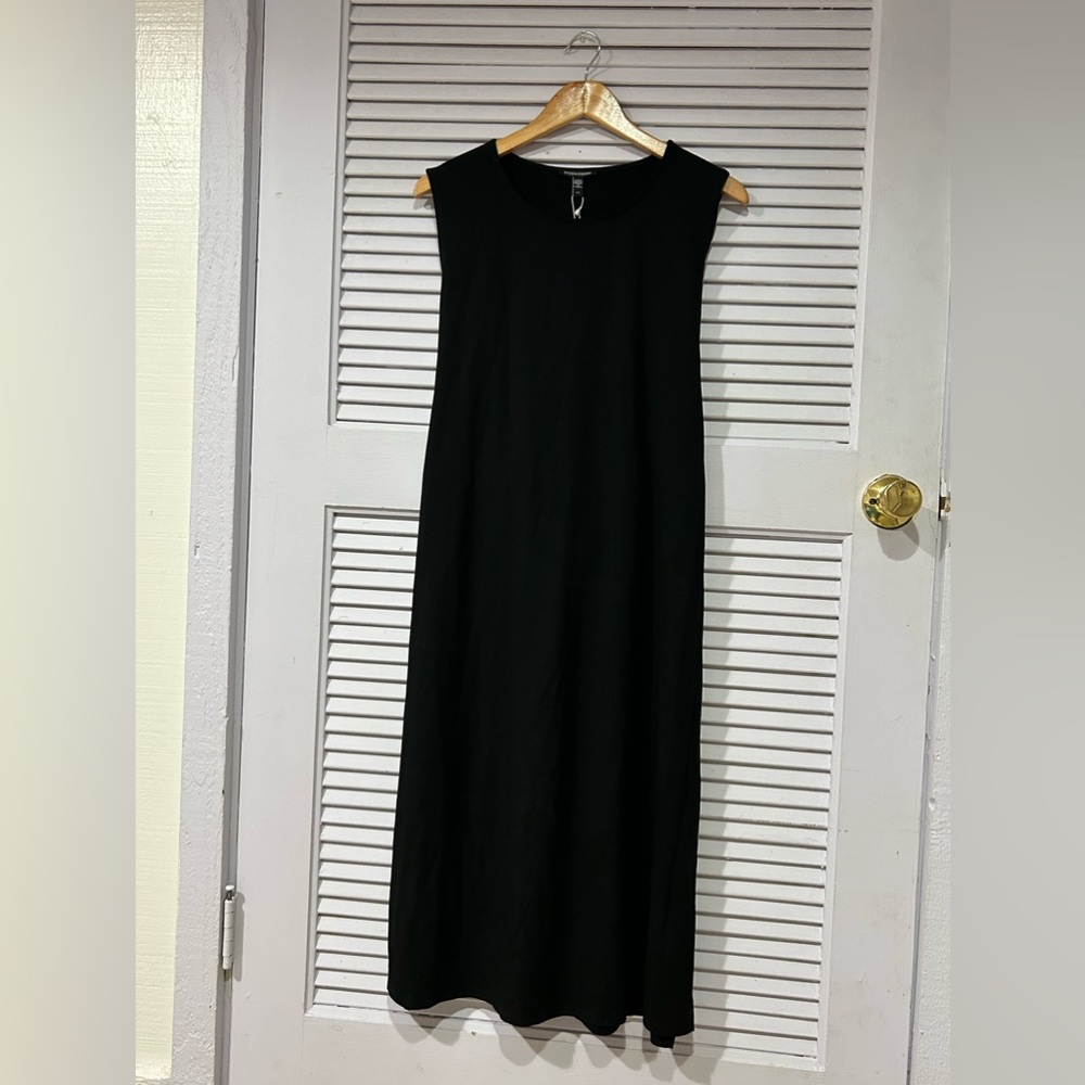 Eileen fisher stretch jersey crewnek sleeveless midi dress side slit size Large.